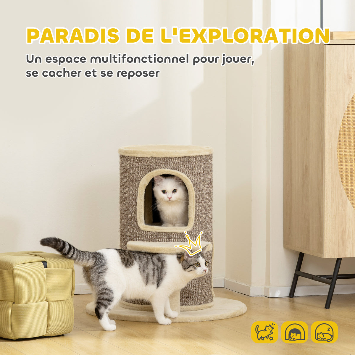 Tonneau à gratter tour à griffer pour chat 2 niveaux avec plate-forme parfait pour griffes & jeu 60 x 60 x 61 cm beige-3