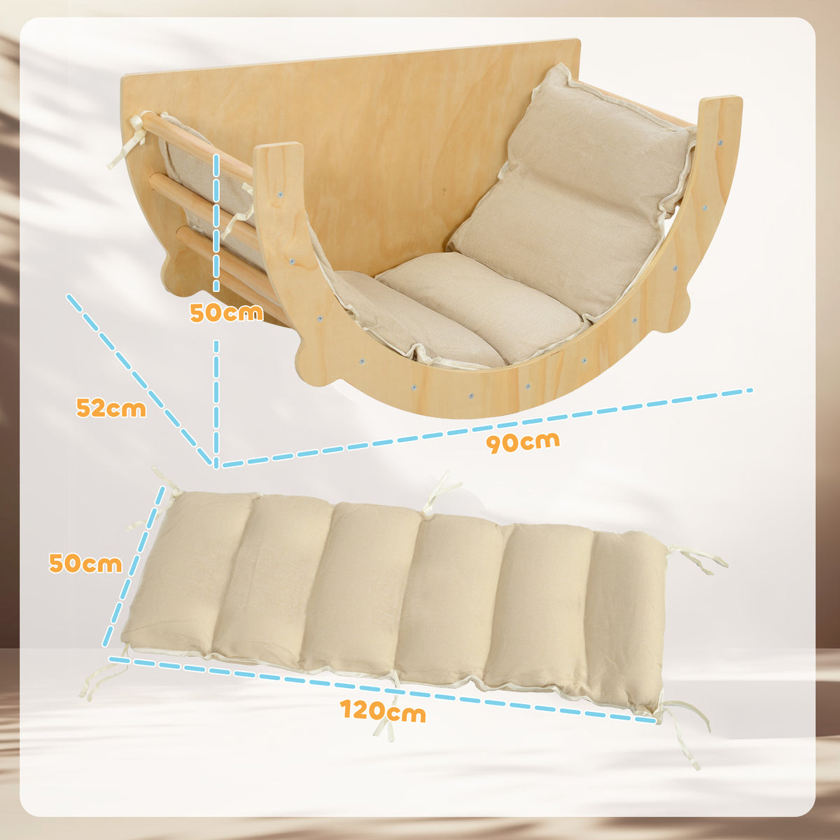 3 en 1 Arche d'escalade fauteuil à bascule et table de jeu coussin, en bois naturel, pour enfants de 18 à 48 mois-2