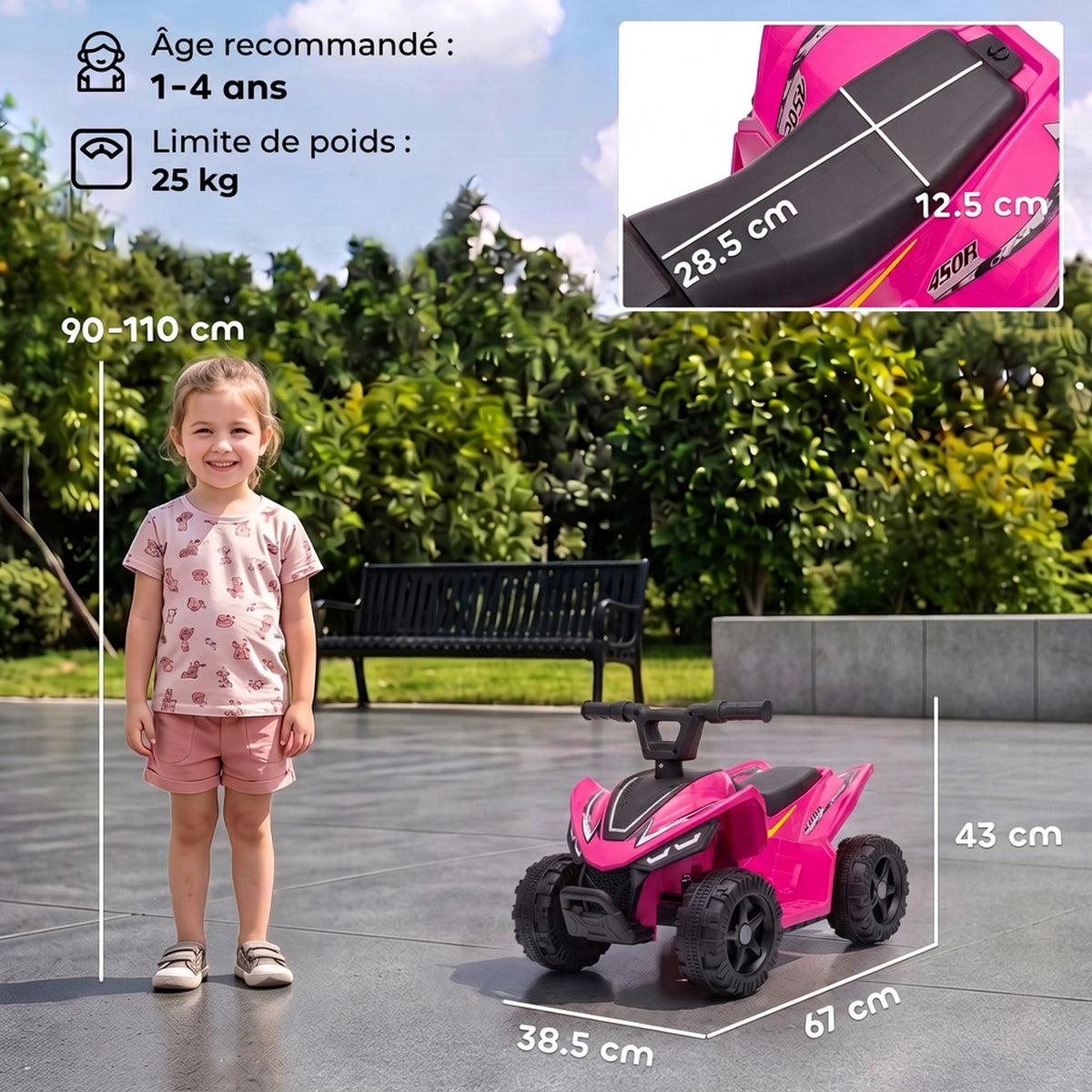 Quad Électrique Enfants 6 V, Voiture Électrique Enfants, Batterie au Lithium, Vitesse Max. 2 Km/H, 18 à 48 Mois, Rose-2