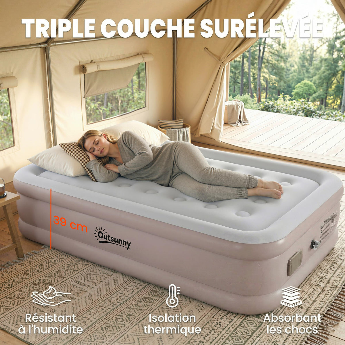 Matelas Gonflable, Pompe Électrique Intégrée, Surface Floqué , Imperméable 5000 mm, Sac Transport, 190x97x39cm, Kaki-6