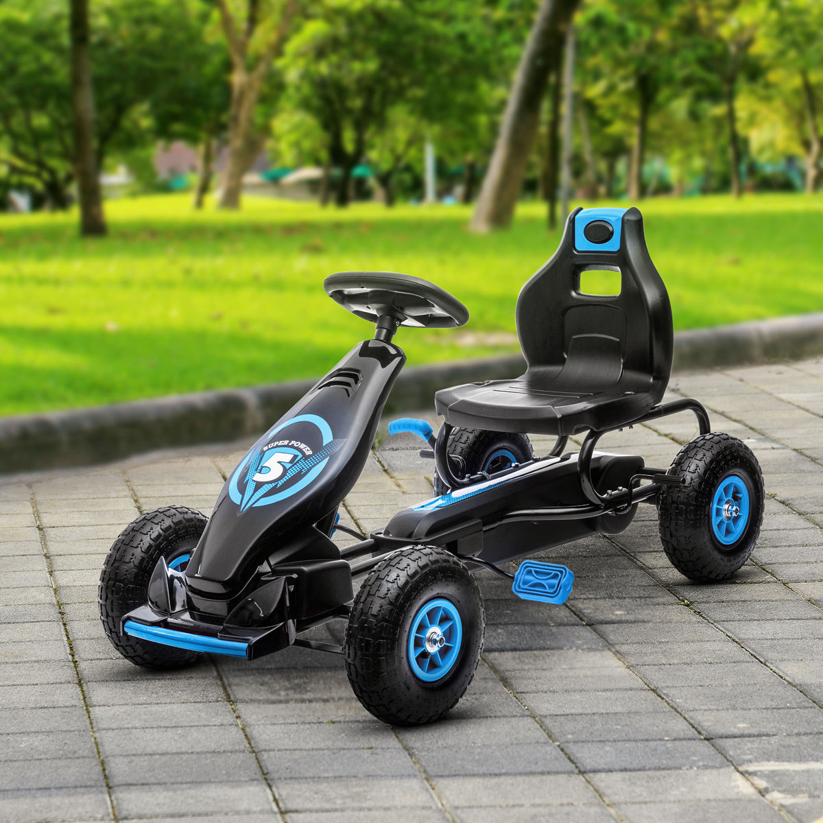 Kart à pédales pour enfant siège réglable 3 positions frein à main enfant de 5 à 12 ans bleu noir-9
