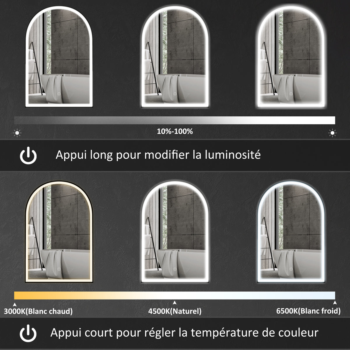 Miroir de salle de bain LED 90 x 60cm, mural, 3 couleurs, arqué cadre en aluminium, désembuage et interrupteur tactile-3