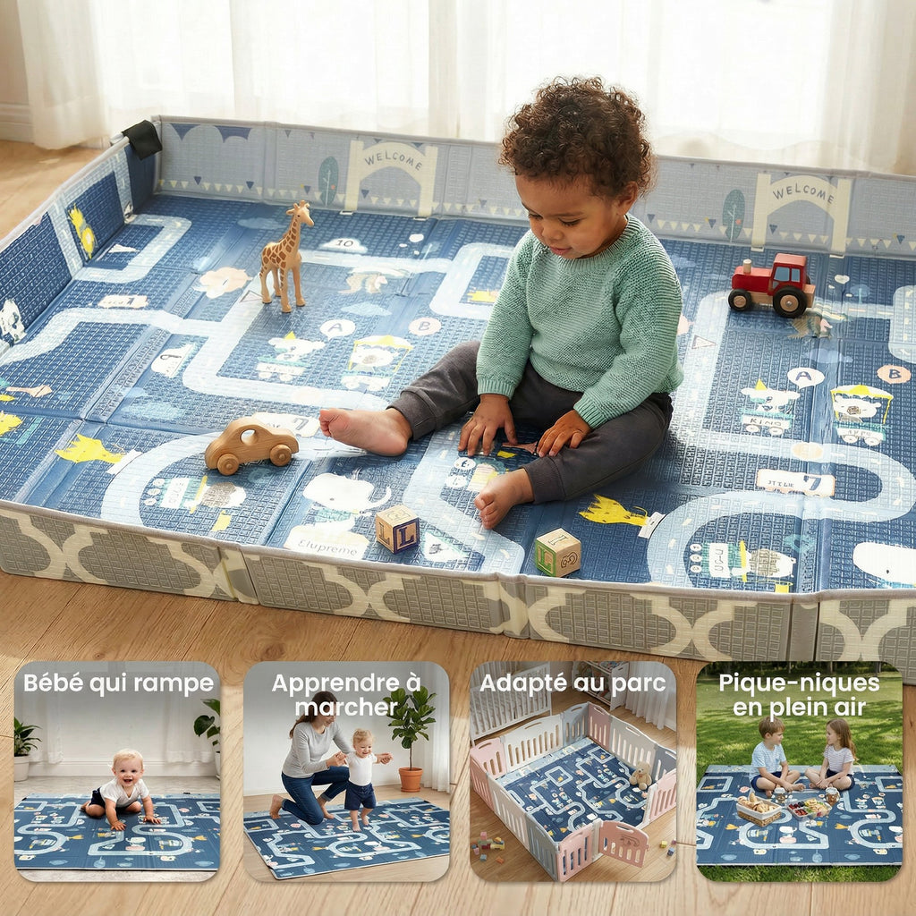Tapis de jeu pour bébé pliable et réversible, tapis de sol en mousse épais, 202 x 180,5 x 1 cm, multicolore-8