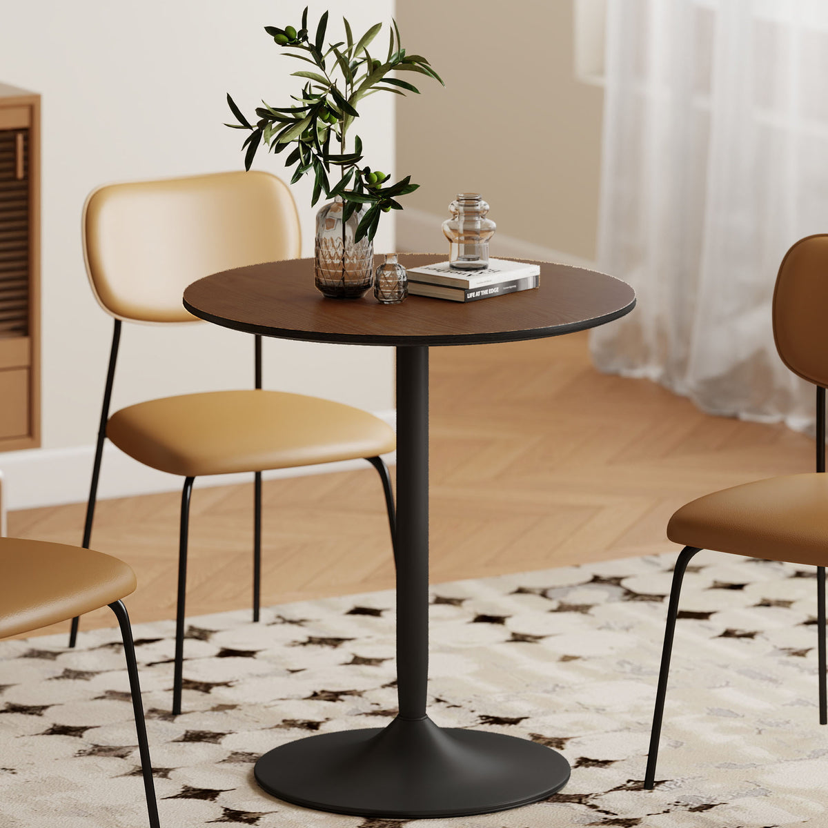 Table à manger ronde 70 cm pour 2 personnes avec plateau en placage de bois massif et piétement en acier marron-9