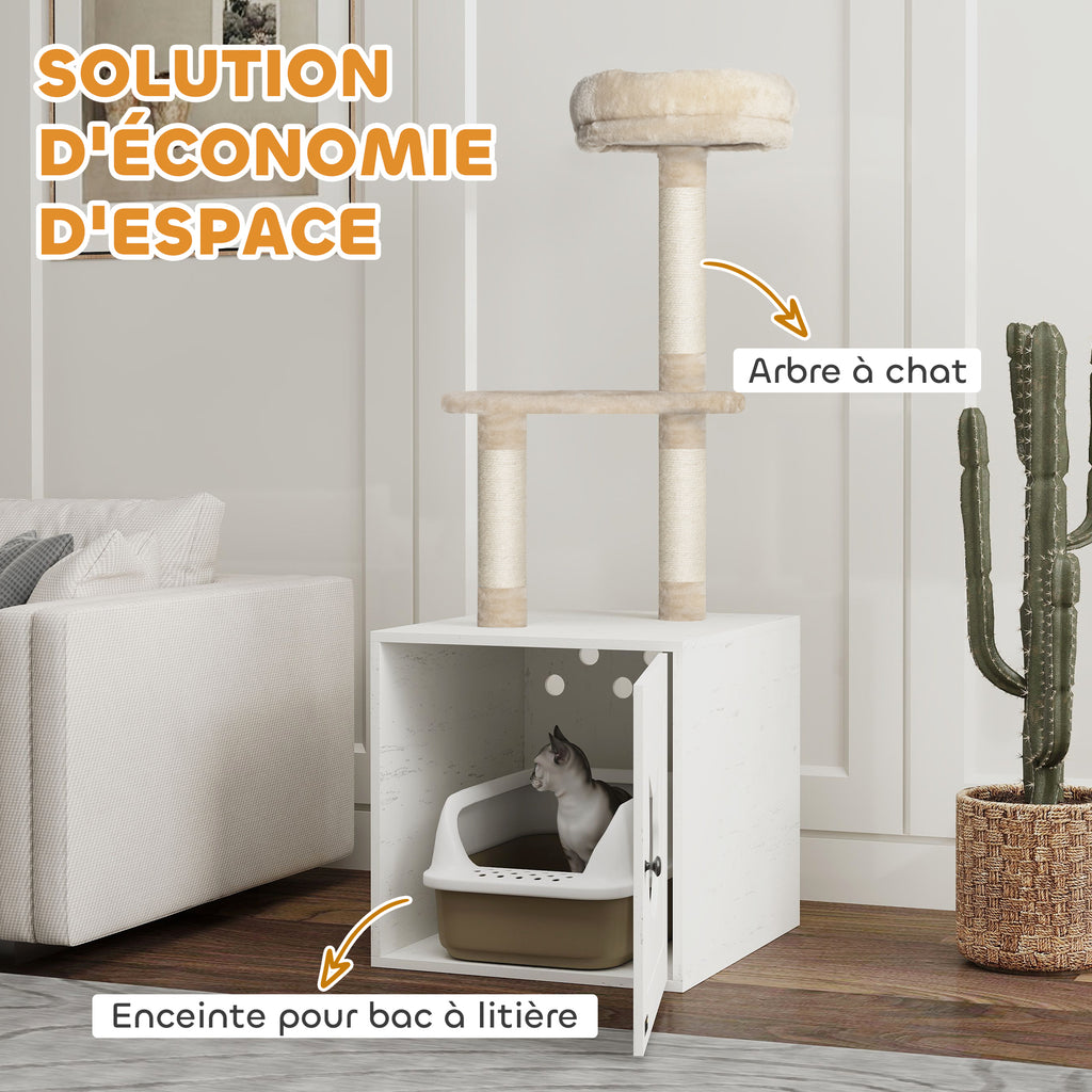 Arbre à chat avec maison de toilettes, tour de jeu 2-en-1 de 129 cm avec cache-litière, poteaux à griffer, crème-3