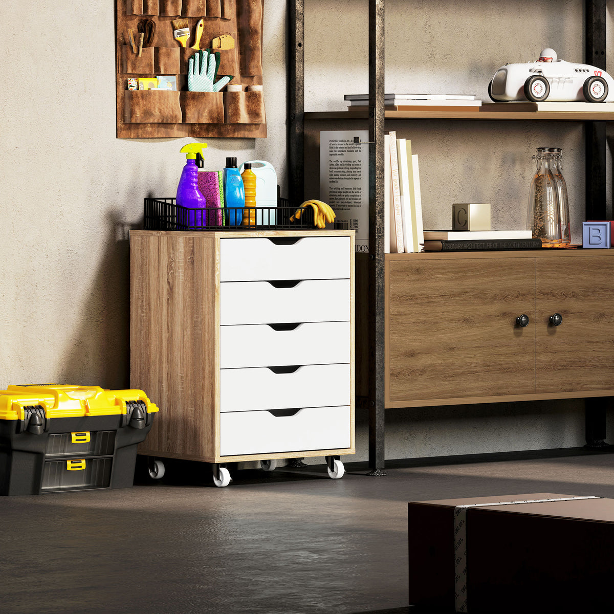 Caisson bureau mobile, meuble rangement bureau sur roulettes, 5 tiroirs, 47,5 x 39,5 x 67,5 cm, blanc et chêne-7