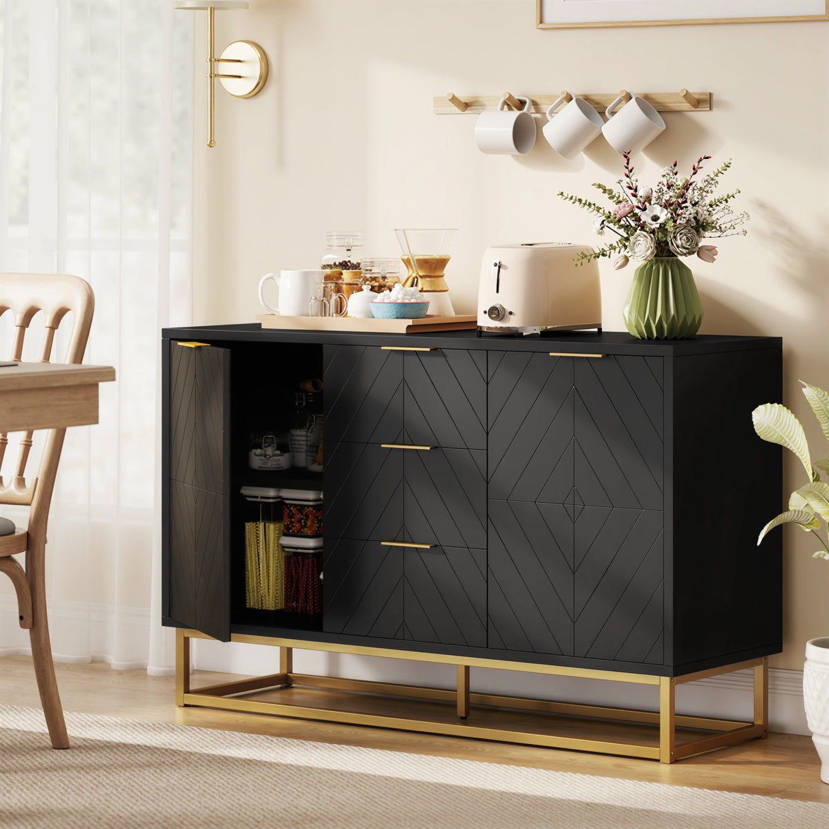 Buffet design contemporain graphique 2 placards porte étagères réglables 3 tiroirs coulissants en bois noir métal doré-1