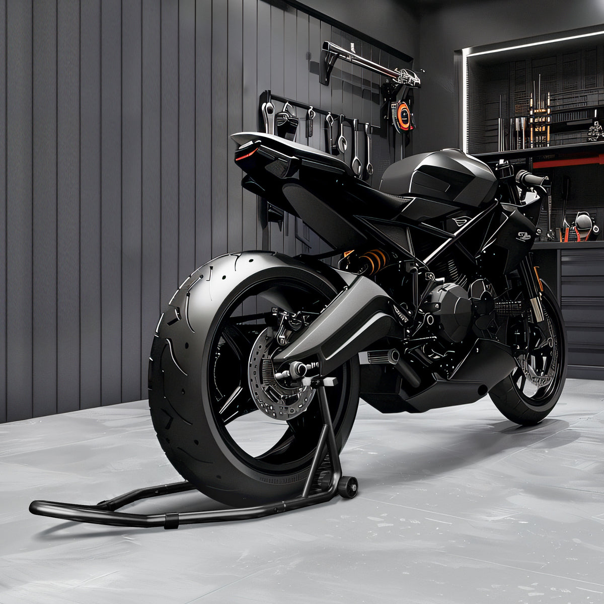 Support béquille de moto arrière support de roue lève moto arrière sur roulettes avec bobine de bras oscillant U, noir-1