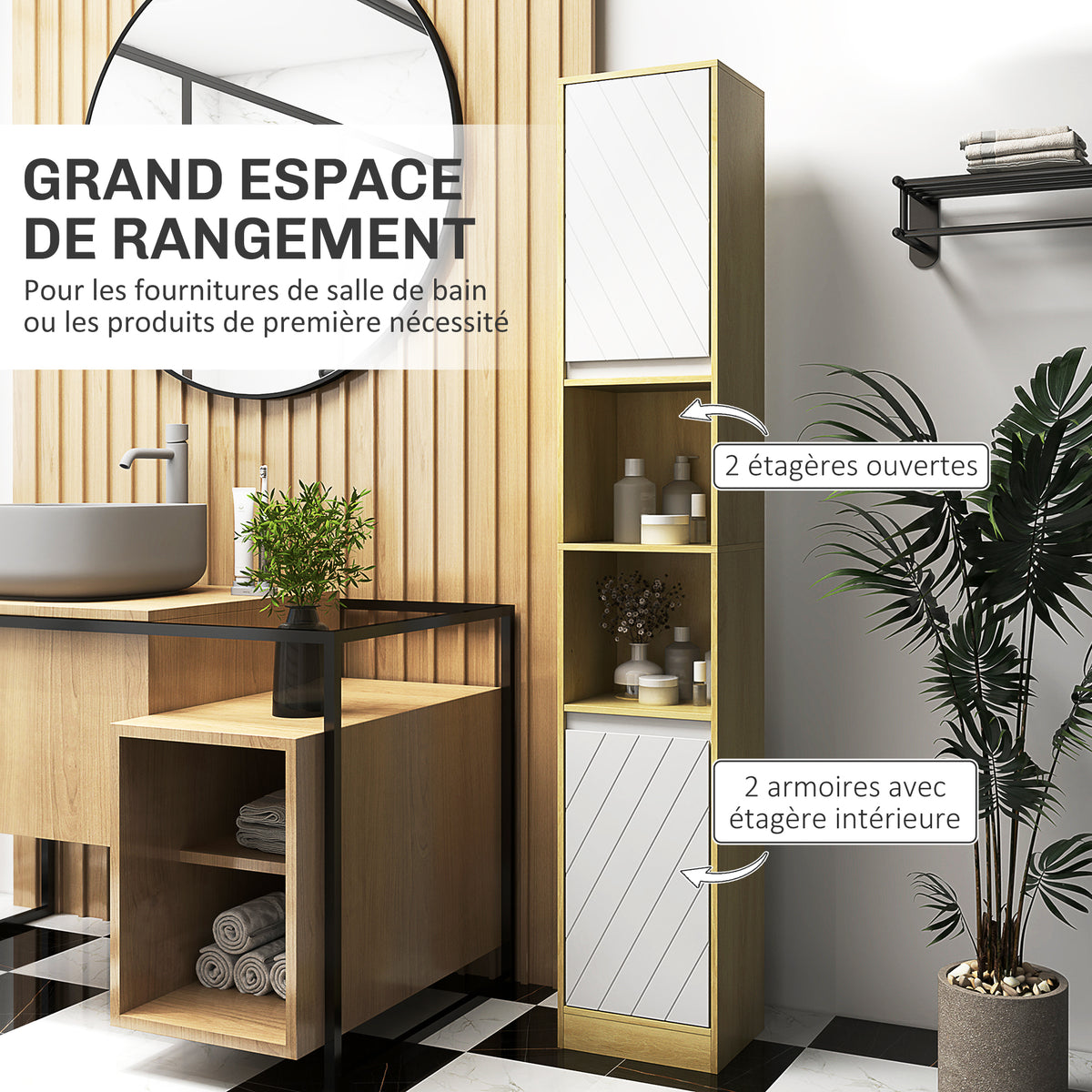 Meuble colonne rangement salle de bain style cosy 30 x 24 x 170 cm 2 portes étagère 2 niches chêne clair blanc-3