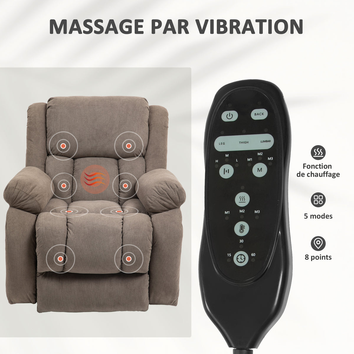 Fauteuil releveur électrique massage et chauffage avec repose-pied, dossier inclinable, télécommande et poche latérale-4