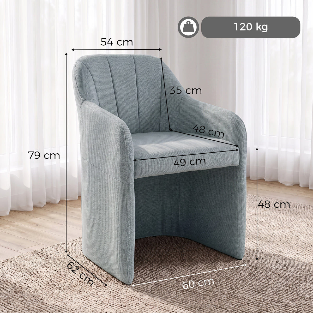 Fauteuil de Salon en Tissu effet Lin, Accoudoirs Intégrés, Assise Épaisse, Base Ouverte, 60x62x79cm, Gris-2