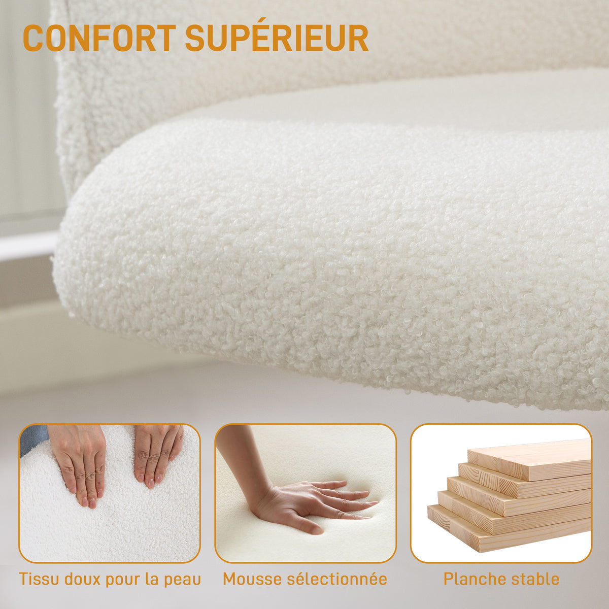 Chaise de bureau, fauteuil de bureau ergonomique réglable en hauteur, siège pivotante, piètement en acier, crème-4