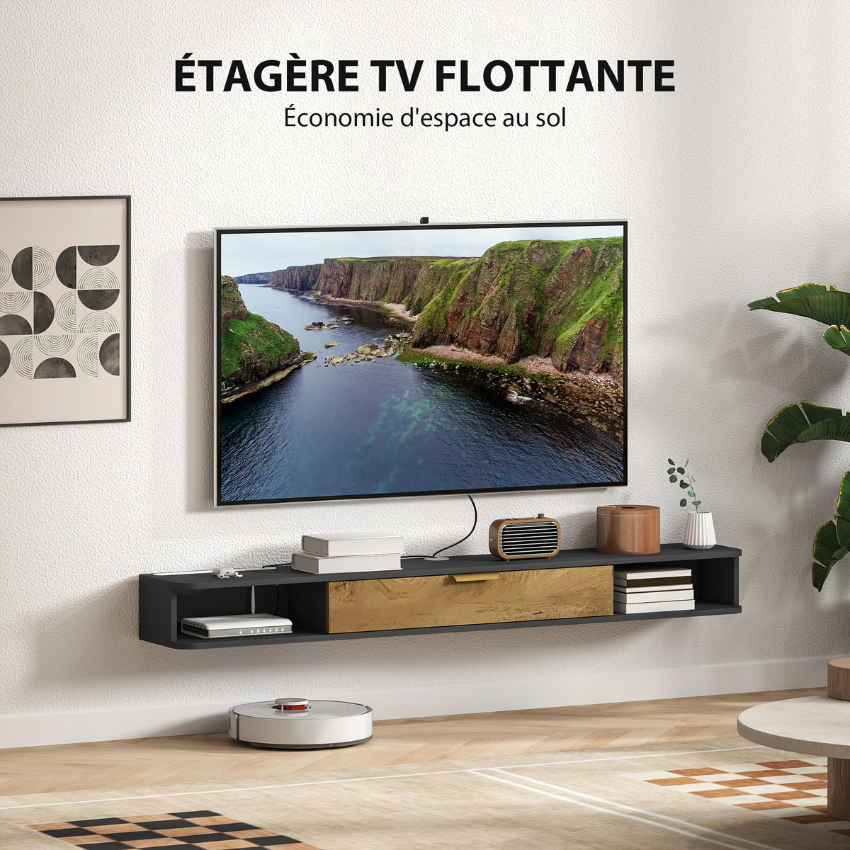 Meuble TV suspendu avec compartiments ouverts, porte rabattable et passe-câbles, 160 x 24 x 16 cm, gris-3