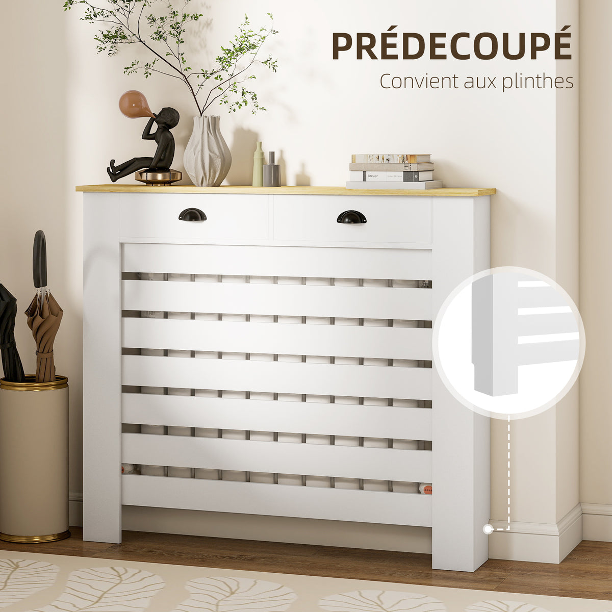 Couvercle de radiateur cache radiateur grille à lattes horizontales avec 2 tiroirs en bois 111l x 19P x 95,5H cm blanc-3