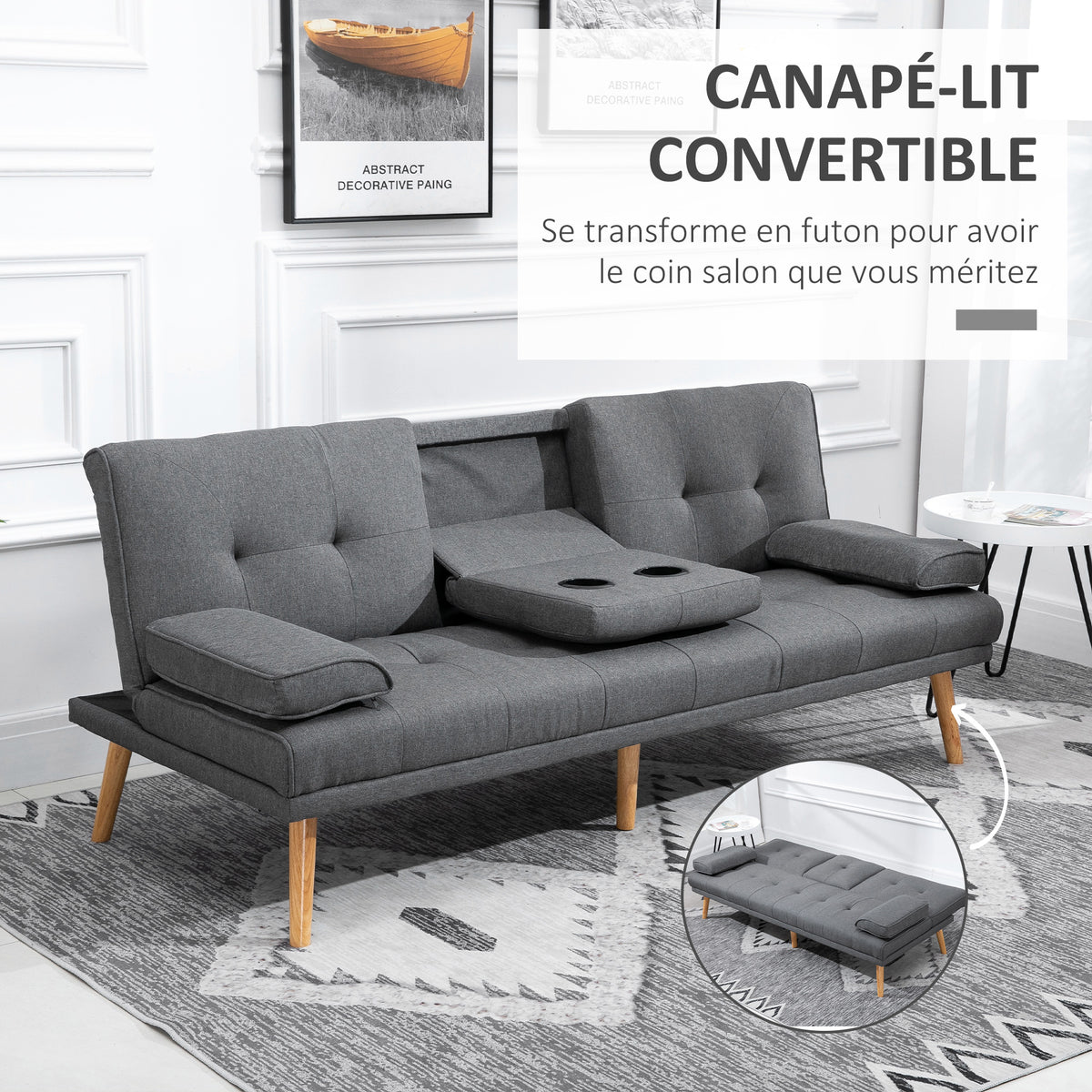 Canapé convertible 3 places, canapé-lit rembourré avec dossier réglable 3 niveaux, 2 coussins et 2 porte-gobelets intégrés, tissu de lin, pour salon, chambre d'amis, petit espace, gris foncé-3