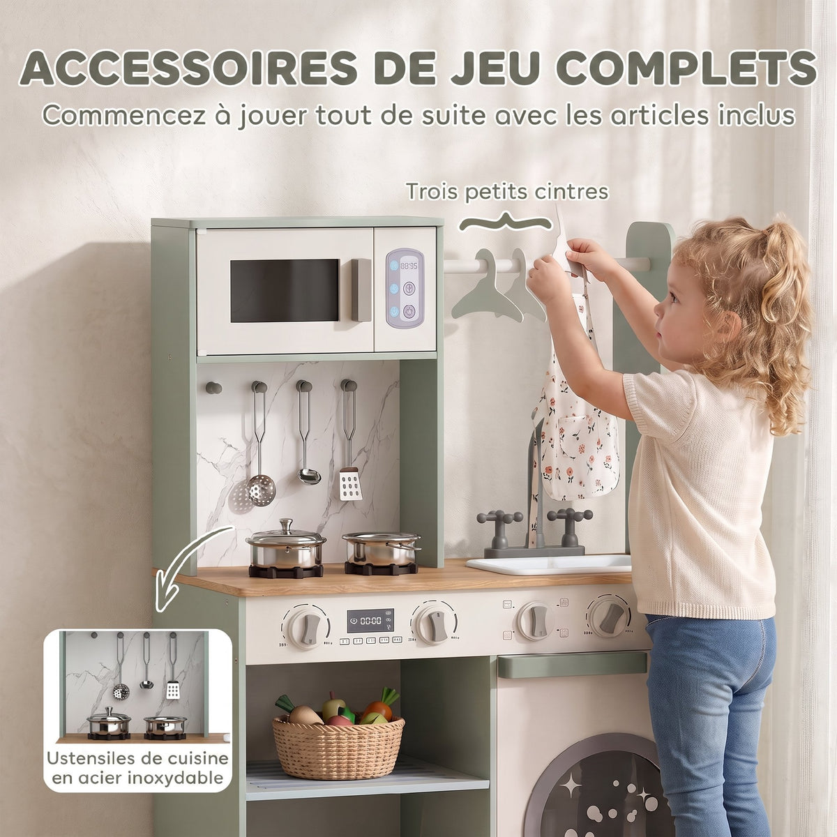 Cuisine enfant jouet d'imitation, dinette enfant avec cuisinière, évier, micro-ondes, 5 accessoires, vert-6