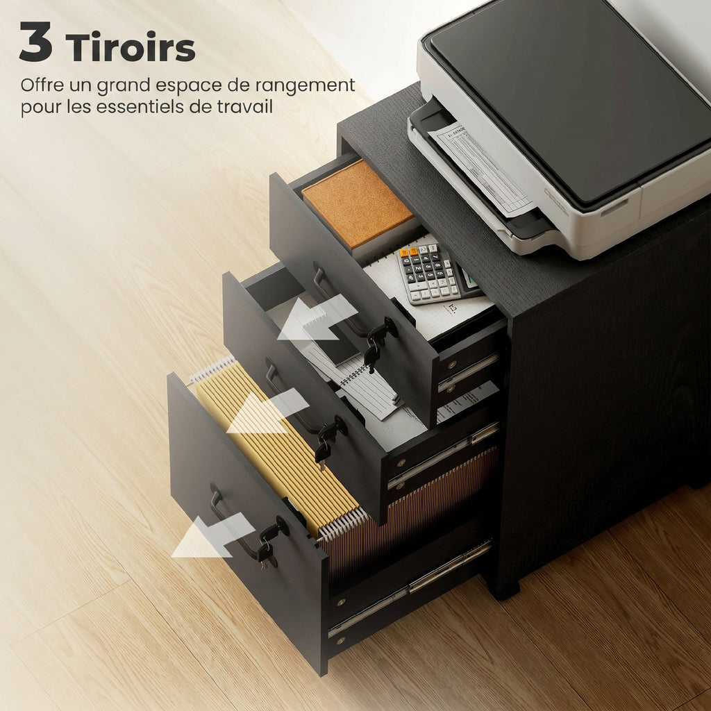 Caisson de Bureau Mobile avec 3 Tiroirs Verrouillables, Caisson de Rangement sur Roulettes, 40 x 40 x 69,5 cm, Noir-3