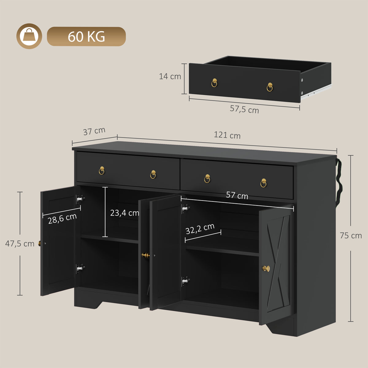Buffet meuble de rangement armoire de cuisine style rural 2 tiroirs et 2 placards étagères à hauteurs réglables noir-2