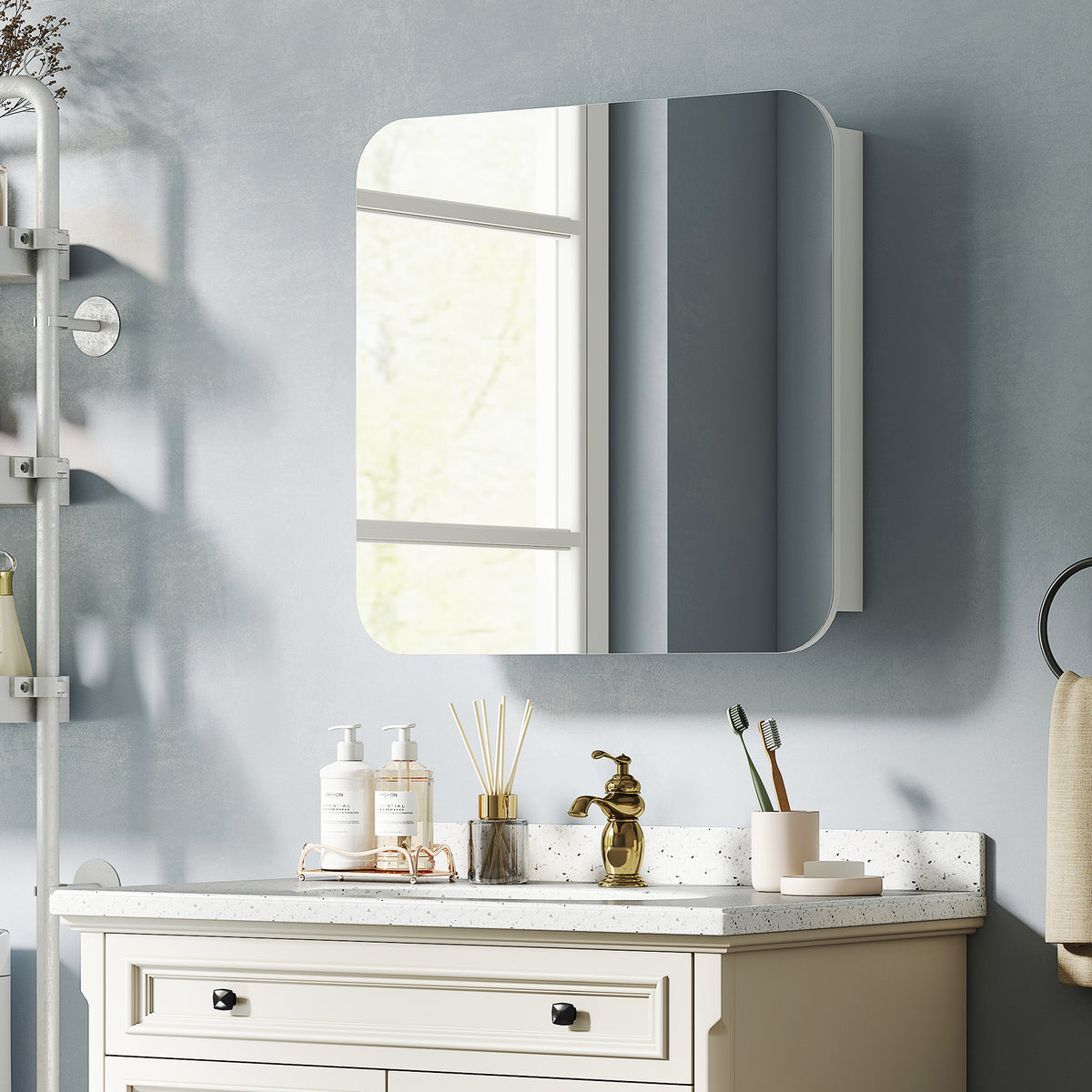Armoire murale salle de bain avec miroir arqué meuble salle de bain étagère réglable portes miroir 68 x 13 x 66 cm blanc-9