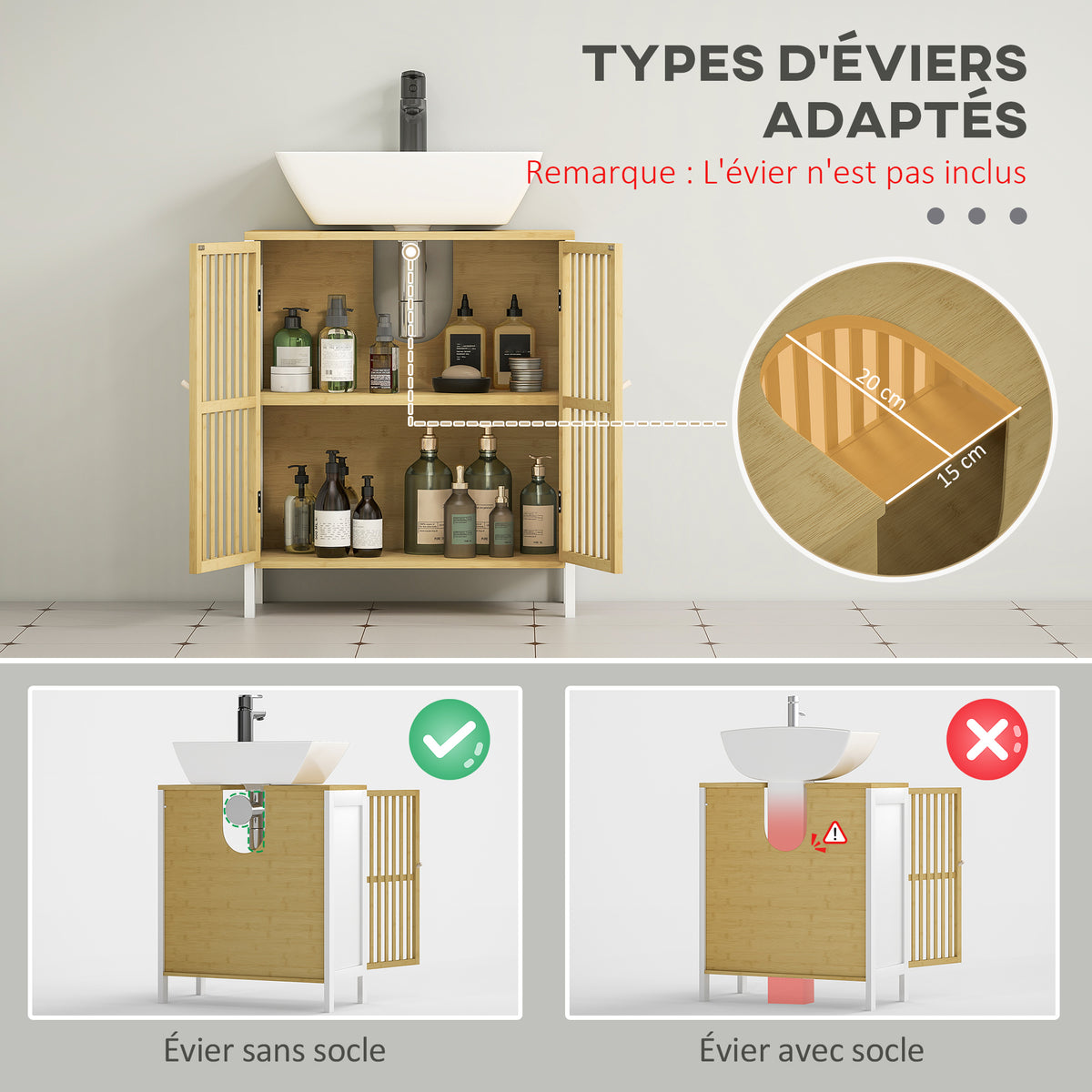 Meuble sous vasque 2 portes avec étagère réglable armoire de rangement pour lavabo 60 x 30 x 70 cm MDF et bambou-3