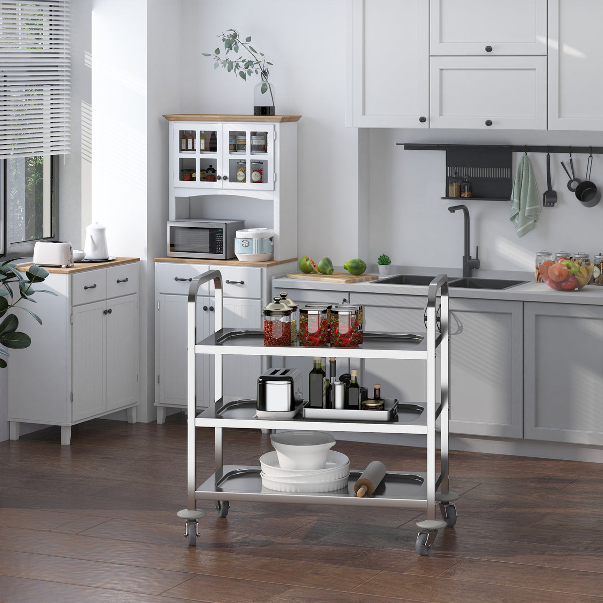 Desserte de cuisine à roulettes à 3 étagères, chariot de rangement en acier inox., chariot de cuisine et salle à manger, 90,5 x 50,5 x 88,2 cm, argenté-1