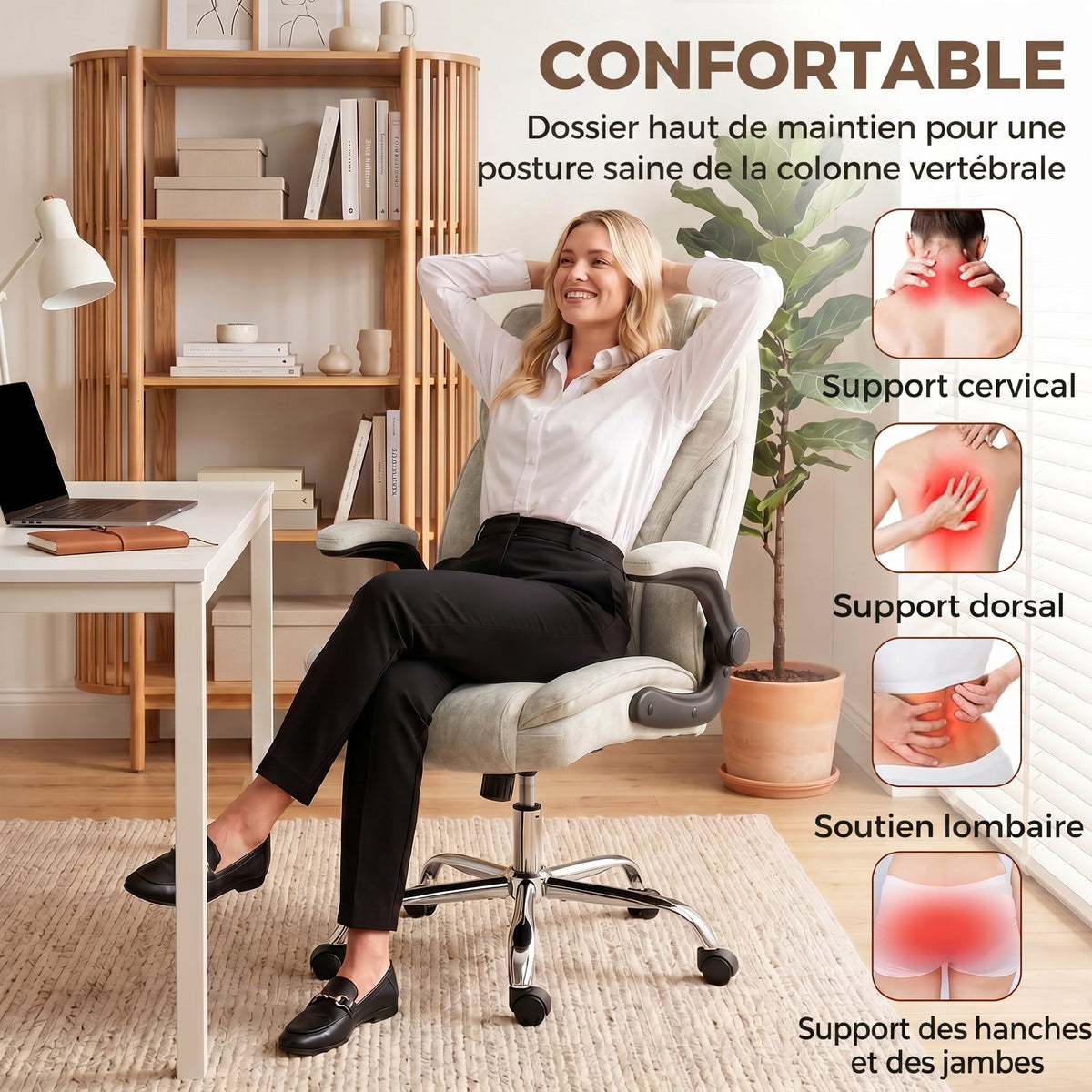 Fauteuil de bureau, chaise bureau ergonomique, hauteur réglable, accoudoirs relevables, 70 x 70 x 114-122 cm, beige-3