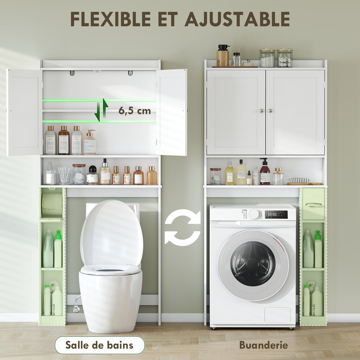 Meuble WC dessus de toilette ou machine à laver, 2 portes, 3 compartiments, porte-papier toilette, 80x19,5x170cm, blanc-4