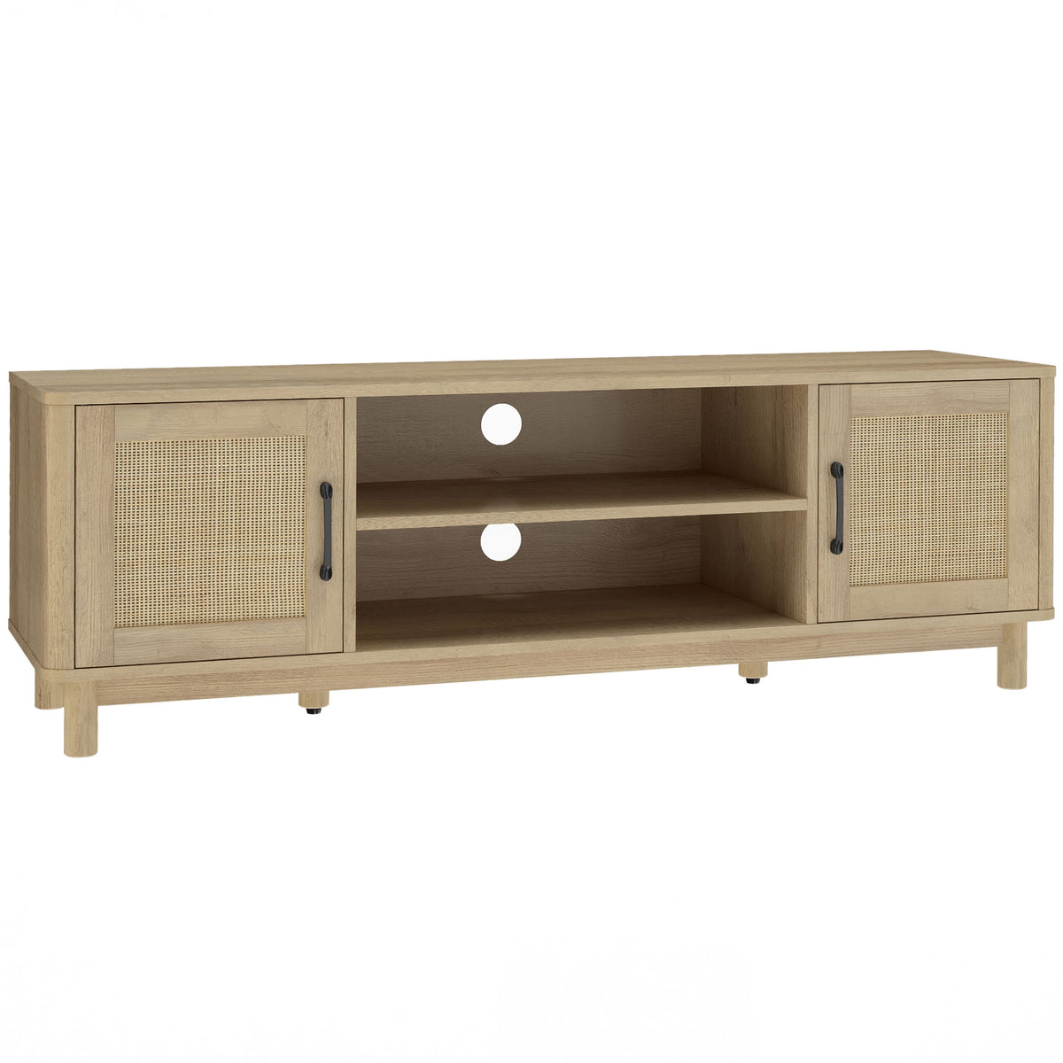 Meuble TV 135 cm, meuble télé pour téléviseur jusqu'à 65 pouces avec 2 portes en rotin, 2 compartiments ouverts, chêne-0