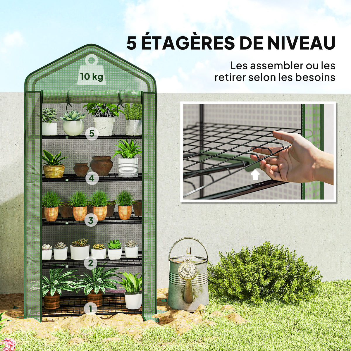 Serre de jardin Serre 5 niveaux avec 1 porte enroulable, Bâche en PE Renforcée Résistante dim. 90L x 49l x 193H cm-4