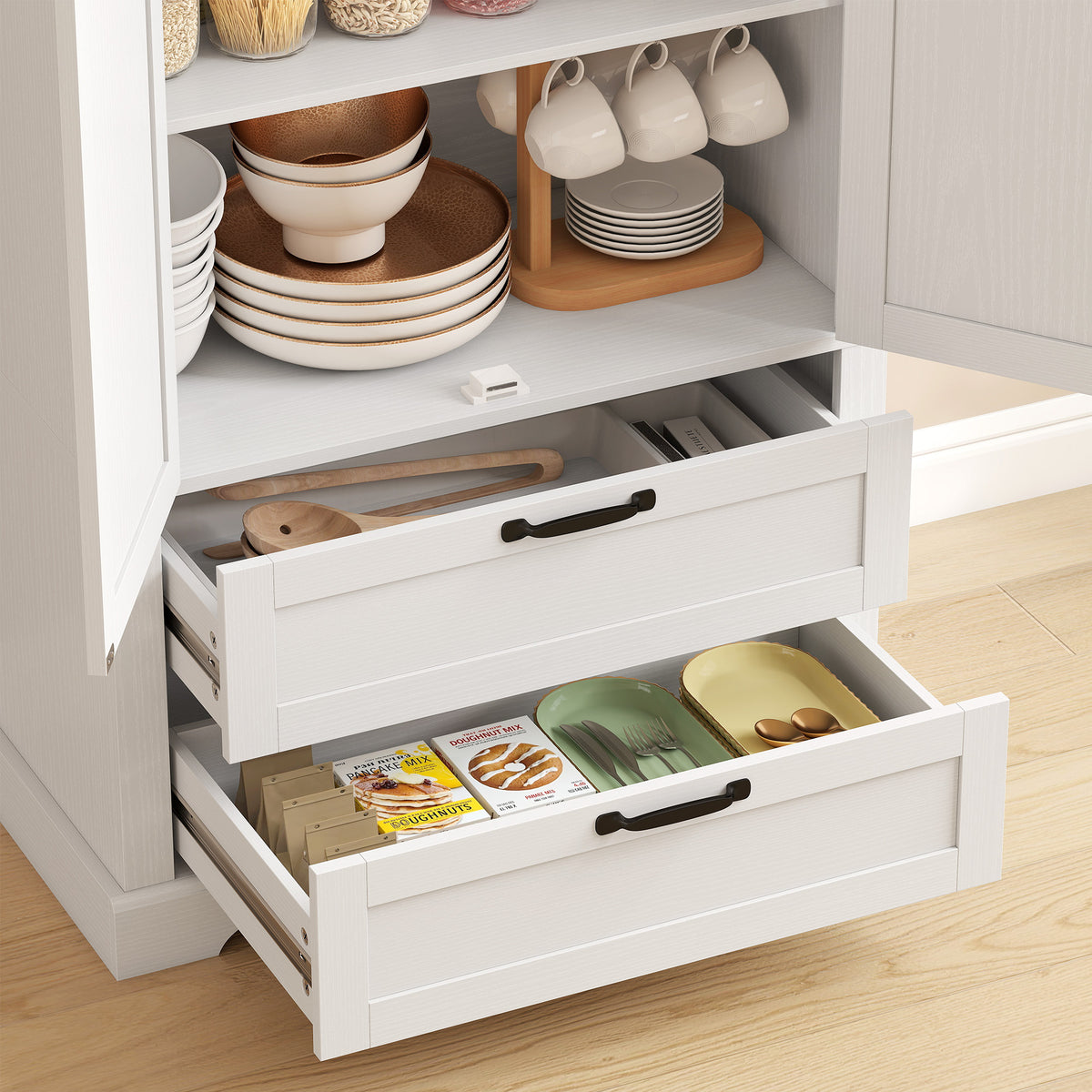 Buffet haut cuisine, armoire de cuisine avec 2 portes, 2 tiroirs, étagères réglables, style rustique, 76x40x180cm, blanc-8