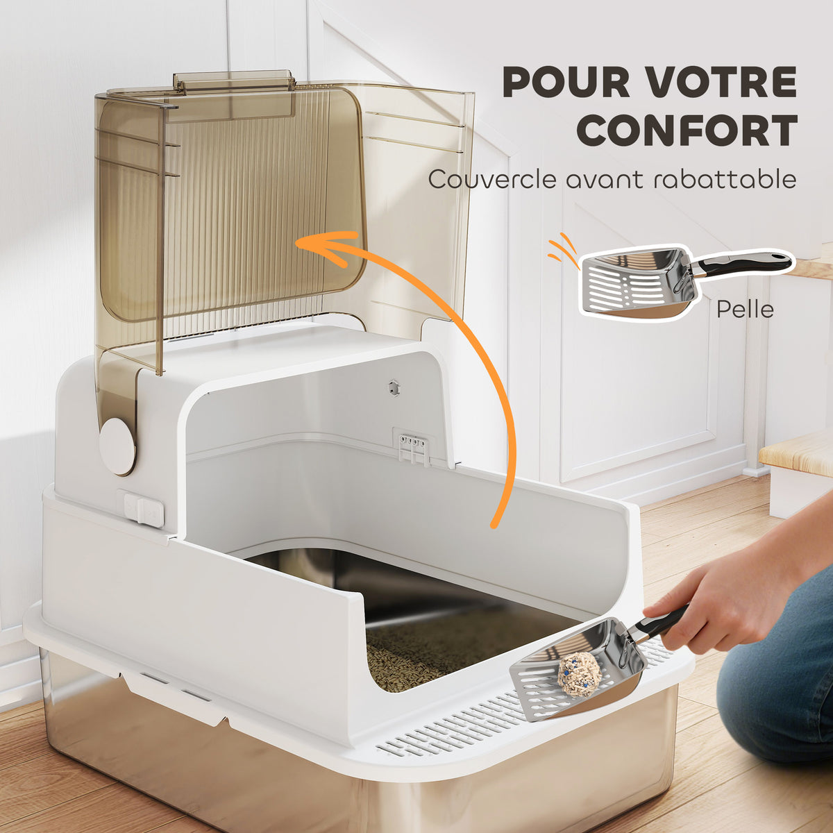 Bac à litière pour chat fermé en acier inoxydable, maison de toilette pour chat avec pelle, 70 x 50 x 46,5 cm, blanc-4
