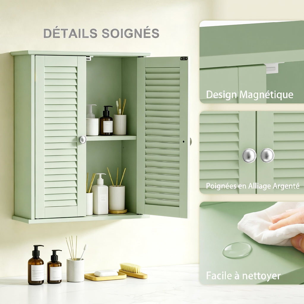 Armoire murale de salle de bain, meuble de rangement suspendu avec 2 portes persiennes et étagère réglable, vert-6