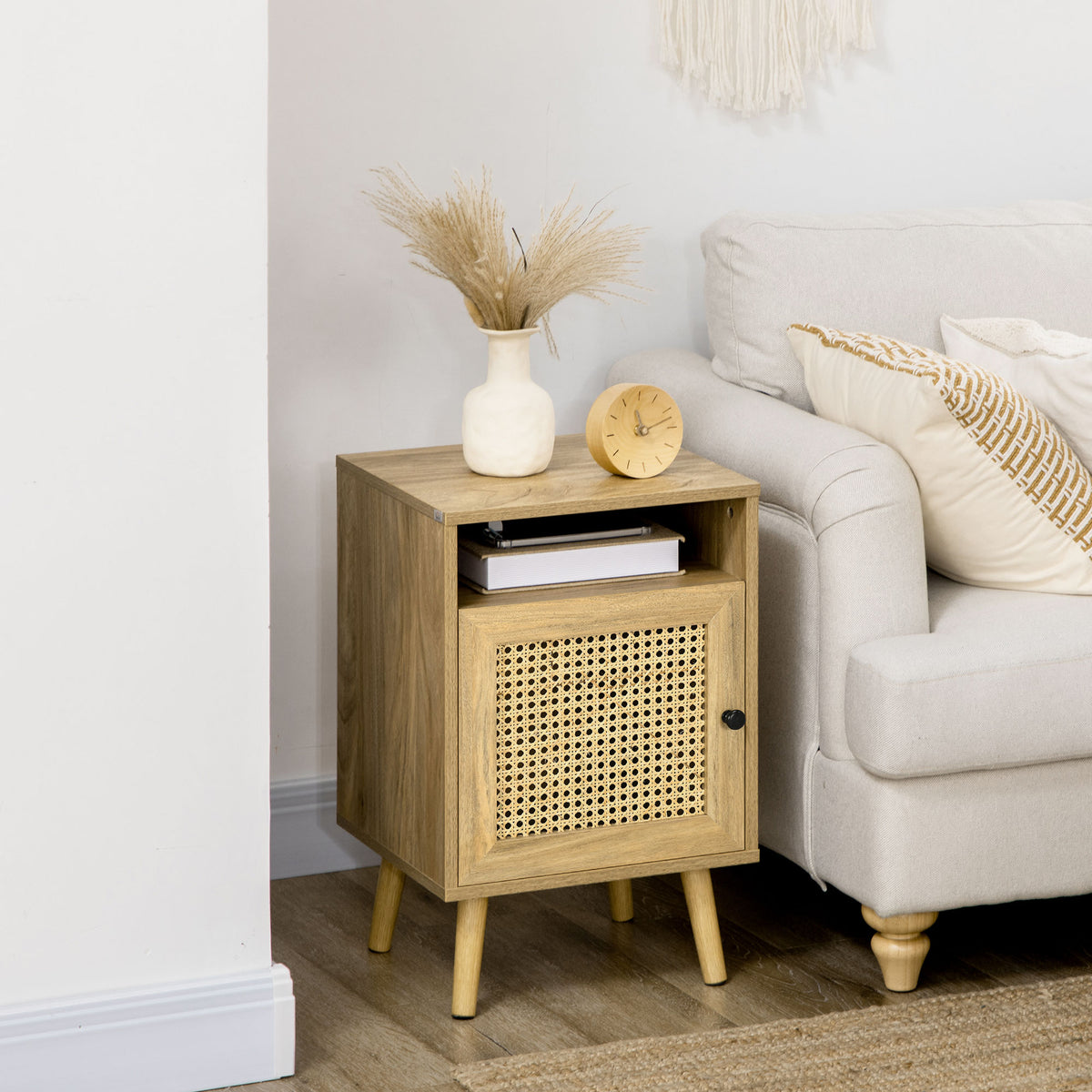 Table de chevet table de nuit avec placard porte cannage et niche design vintage 39 x 35 x 60 cm naturel-1