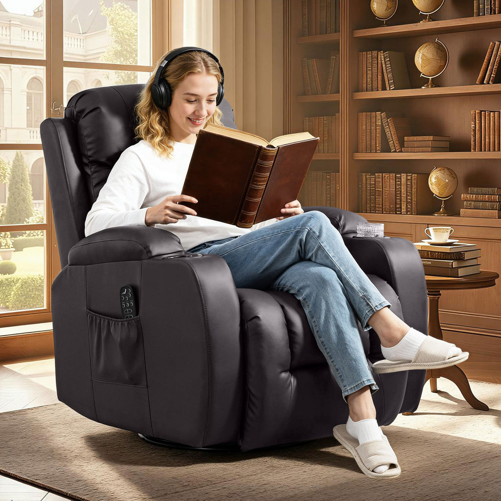 Fauteuil inclinable de massage et chauffage, fauteuil de relaxation, dossier réglable, pivotant 360°, 82x99x103cm, marron-1