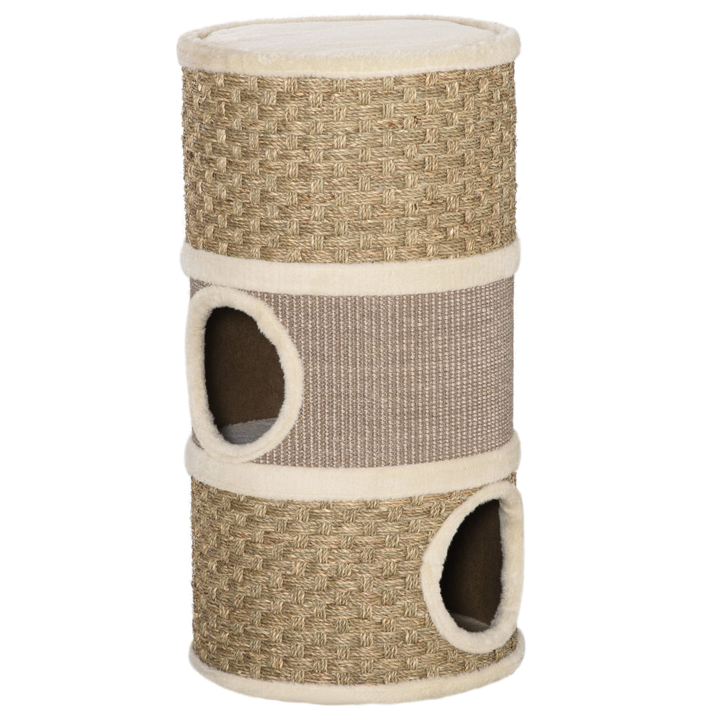 Tonneau à Gratter pour Chat, Arbre à Chat Sisal Naturel et Herbiers Marins Recouvert de Peluche, 37,5 x 37,5 x 70 cm, Kaki et Café-0