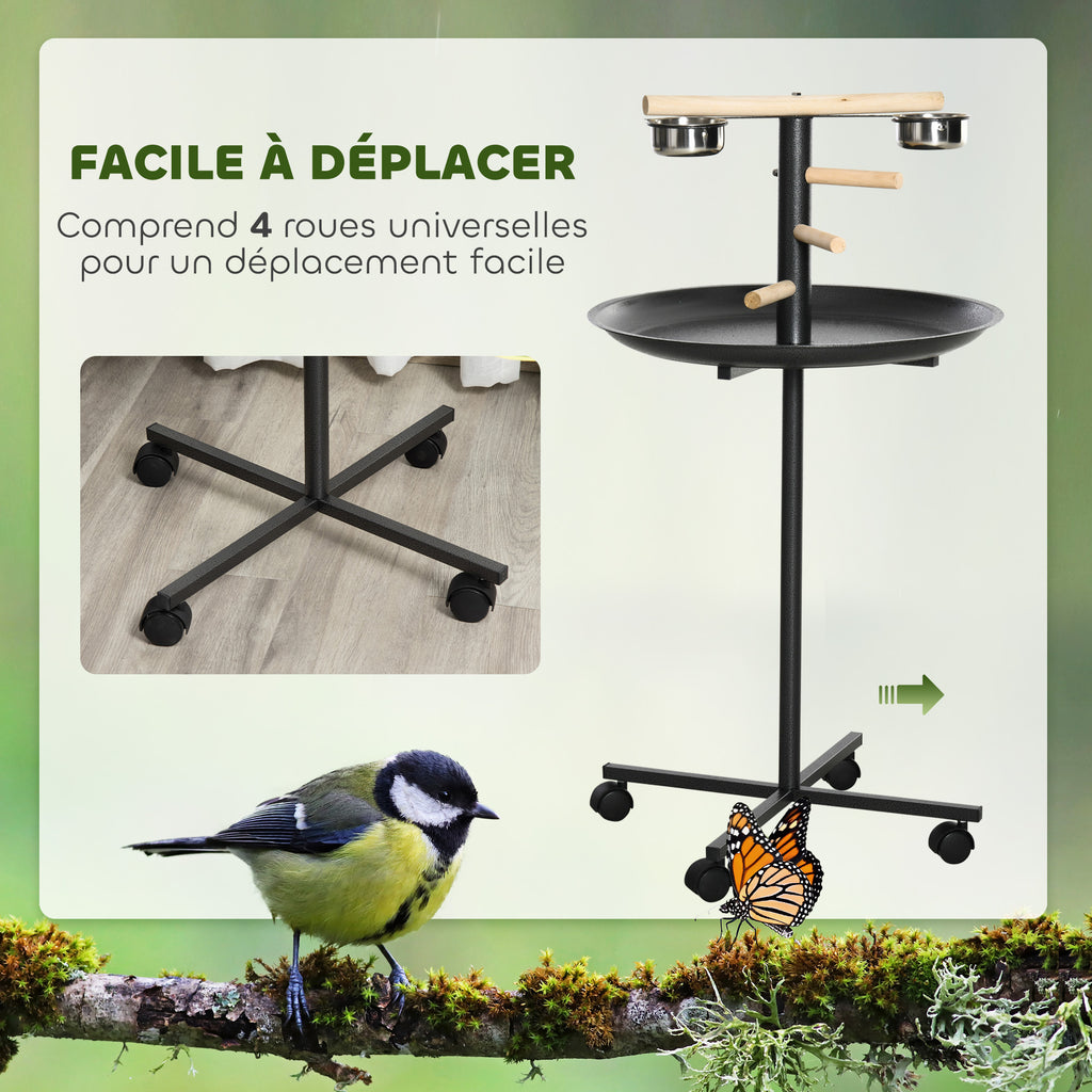 Perchoir perroquet mangeoire à oiseaux sur pied 4 roulettes, 2 mangeoires en acier inoxydable, Ø 60 x 111 cm, gris-5