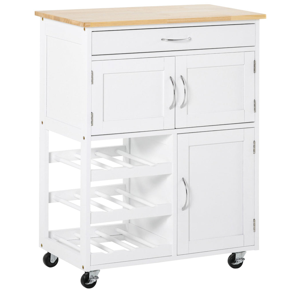 Desserte de cuisine multi rangements 2 placards tiroir casier 9 bouteilles MDF blanc plateau bois caoutchouc-0