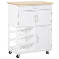 Desserte de cuisine multi rangements 2 placards tiroir casier 9 bouteilles MDF blanc plateau bois caoutchouc-0
