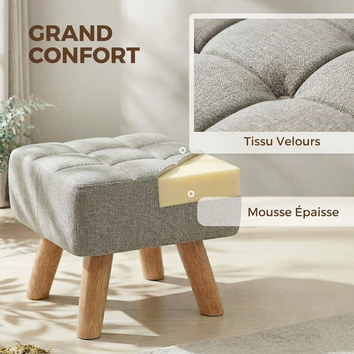 Repose pied salon ottoman siège rembourré en tissu avec pieds en bois 27 x 27 x 26 cm gris clair-4