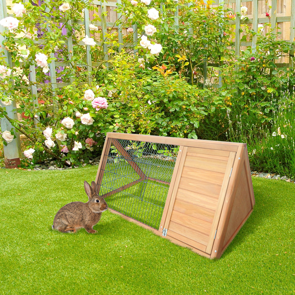 Clapier triangulaire de sol enclos extérieur niche double porte convient aux lapins poules tortue terrestre dim. 116L x 62,2l x 52,5H cm bois massif pin-1