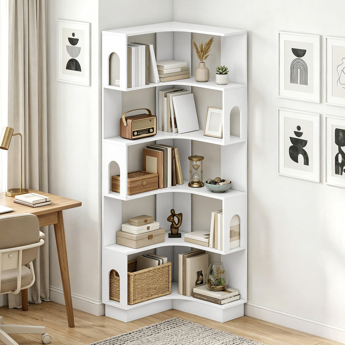 Bibliothèque d'angle, étagère de rangement à 6 niveaux avec panneaux latéraux arqués, 60 x 60 x 165,5 cm, blanc-1