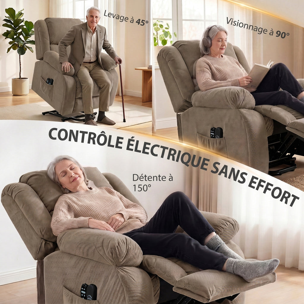 Fauteuil Releveur Électrique, Massage et Chauffage, Repose-Pieds, Dossier Inclinable, Télécommande, 93x104x100cm, Marron-4