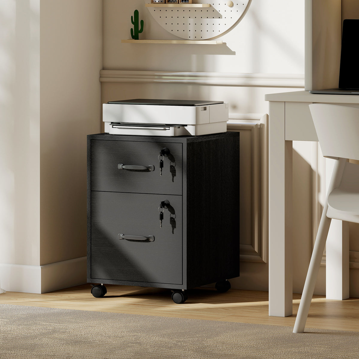 Caisson bureau mobile à 2 tiroirs, meuble rangement bureau sur roulettes pour documents suspendus format lettre, noir-9