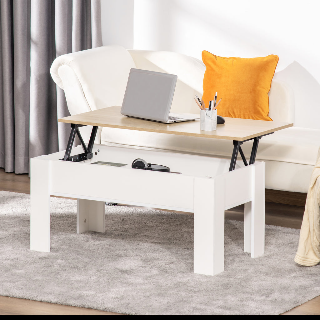Table basse relevable, table de salon avec compartiment caché, style moderne, pour salon, bureau, 100x50x45cm, blanc-9