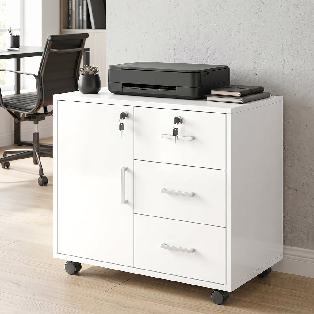 Caisson bureau meuble de rangement verrouillable avec 3 tiroirs et étagère réglable, roulettes, 40 x 60 x 56 cm, blanc-1