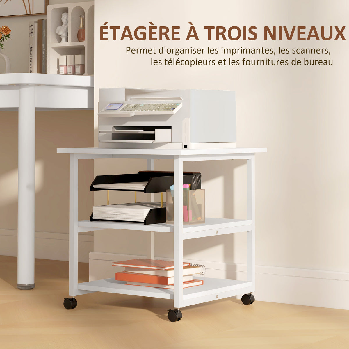 Support d'imprimante desserte de rangement 3 niveaux étagères mobile sur roulettes 50L x 50l x 52,5H cm-3