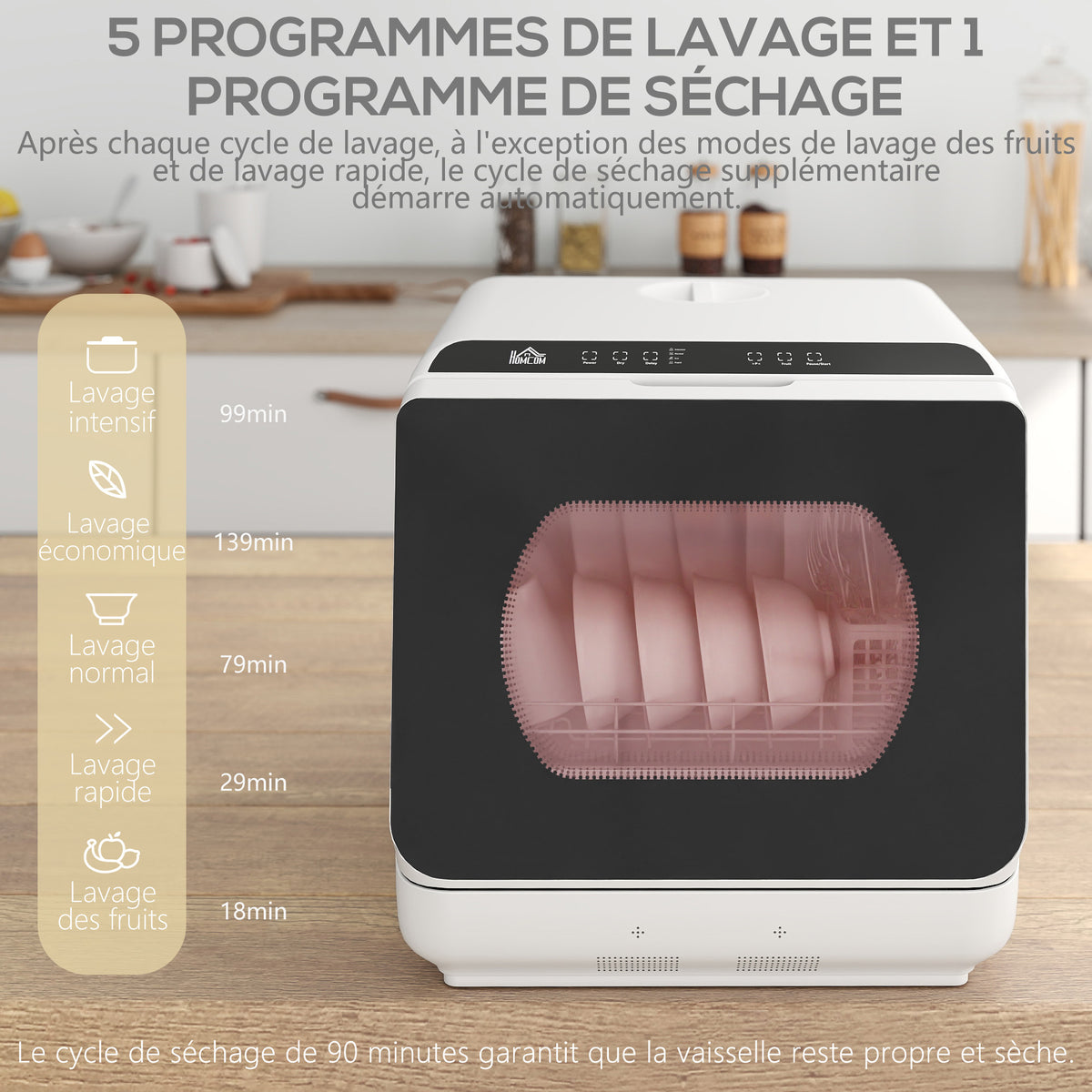Mini lave-vaisselle 4 couverts 5 programmes réservoir d'eau 6L commande tactile affichage LED 45 x 44 x 45,8 cm blanc-4