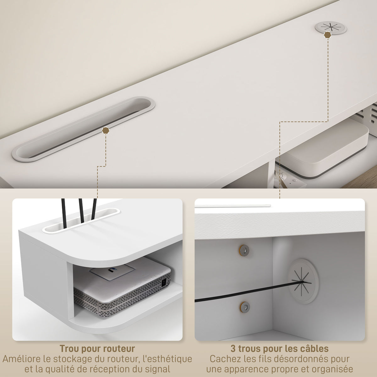 Meuble TV mural banc TV jusqu'à 50 pouces avec compartiments ouverts et armoire à porte rabattable blanc-6