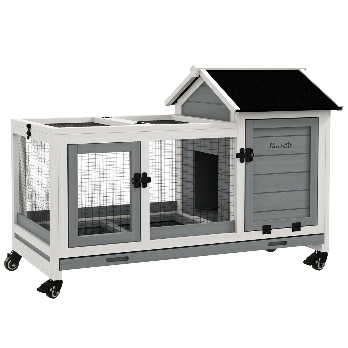 Clapier cage à lapins rongeurs sur roulettes 2 portes verrouillables - dim. 108L x 58l x 73,5H cm - bois massif-0