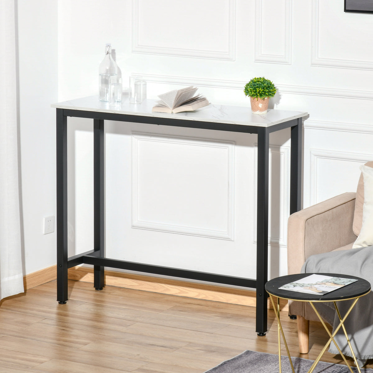 Table de Bar Table Haute de Cuisine Mange-debout - dim. 120L x 40l x 100H cm - châssis piètement Acier, Plateau Aspect marbre Blanc-3